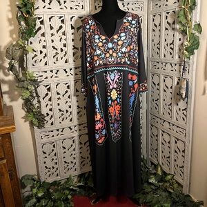 BOHO RETRO RADICAL BLACK WITH MULTICOLOR FLOWERS LONG SLEEVE MAXI PLUS DRESS